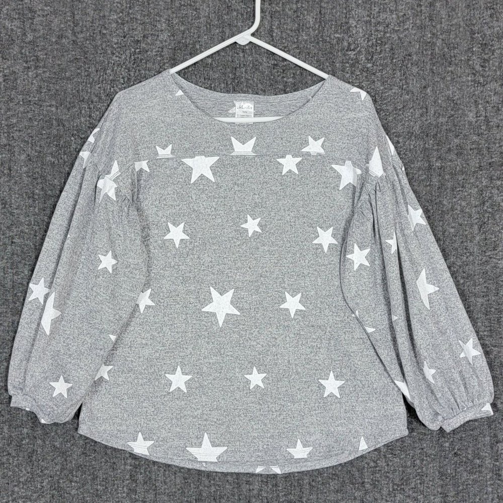 Moda Sweater Womens M Gray All Over Stars Print Pullover 3/4 Balloon Sleeve